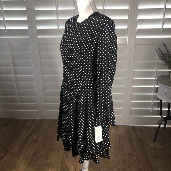 Vtg 80s D Frank Polka Dot Dress 12 NEW A Line Black Tiered Skirt Cute Flirty Fun - Picture 8 of 12